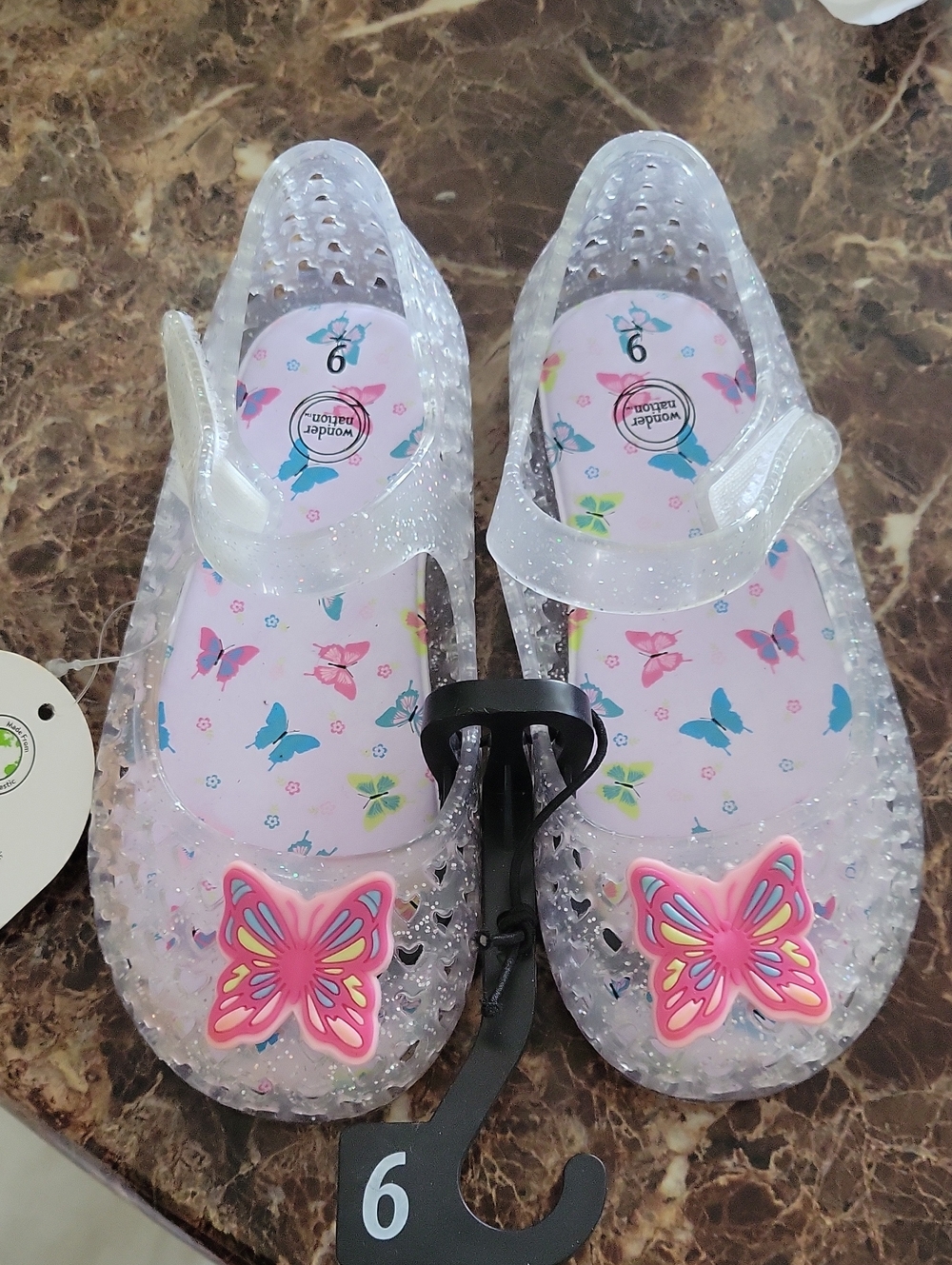 wonder nation Clear Glitter Jelly Sandals with Pink Butterfly Accents